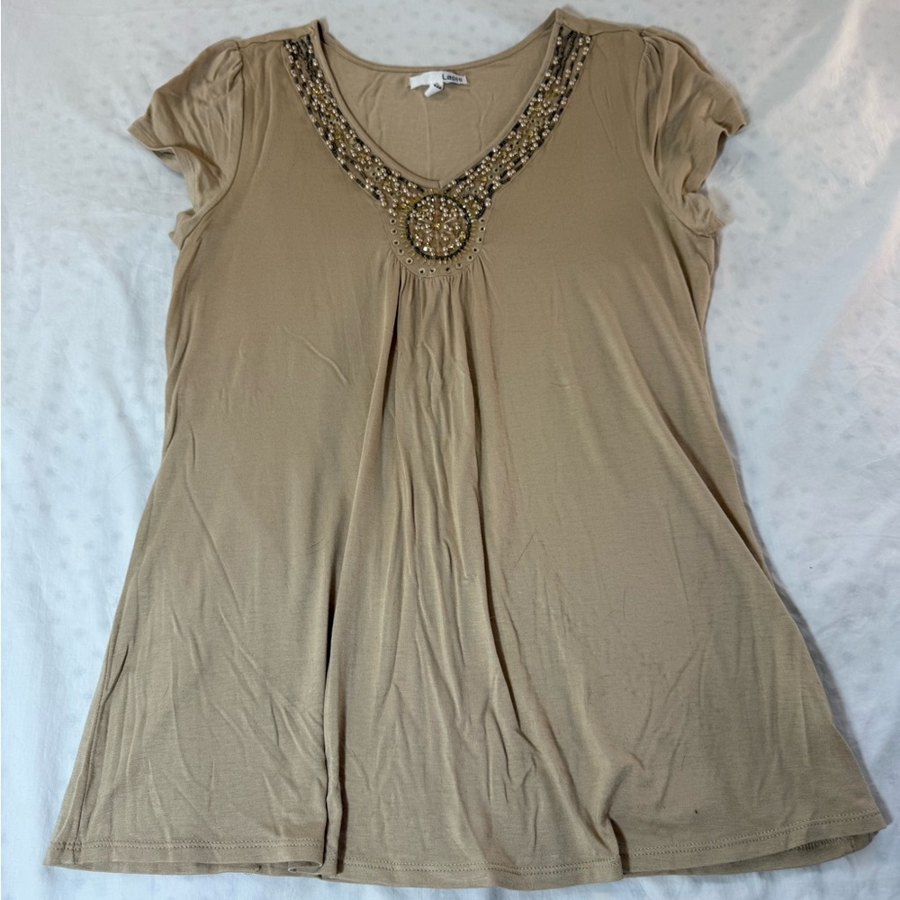 Lapis Tan Embellished Short Sleeve Top